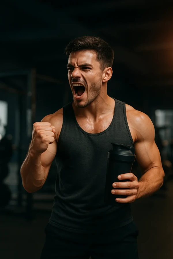 Trænet mand holder en knyttet næve efter at have drukket pre-workout og er energisk