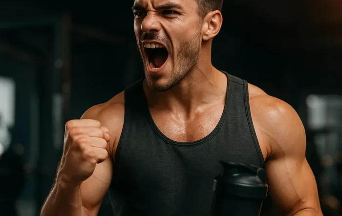 Trænet mand holder en knyttet næve efter at have drukket pre-workout og er energisk