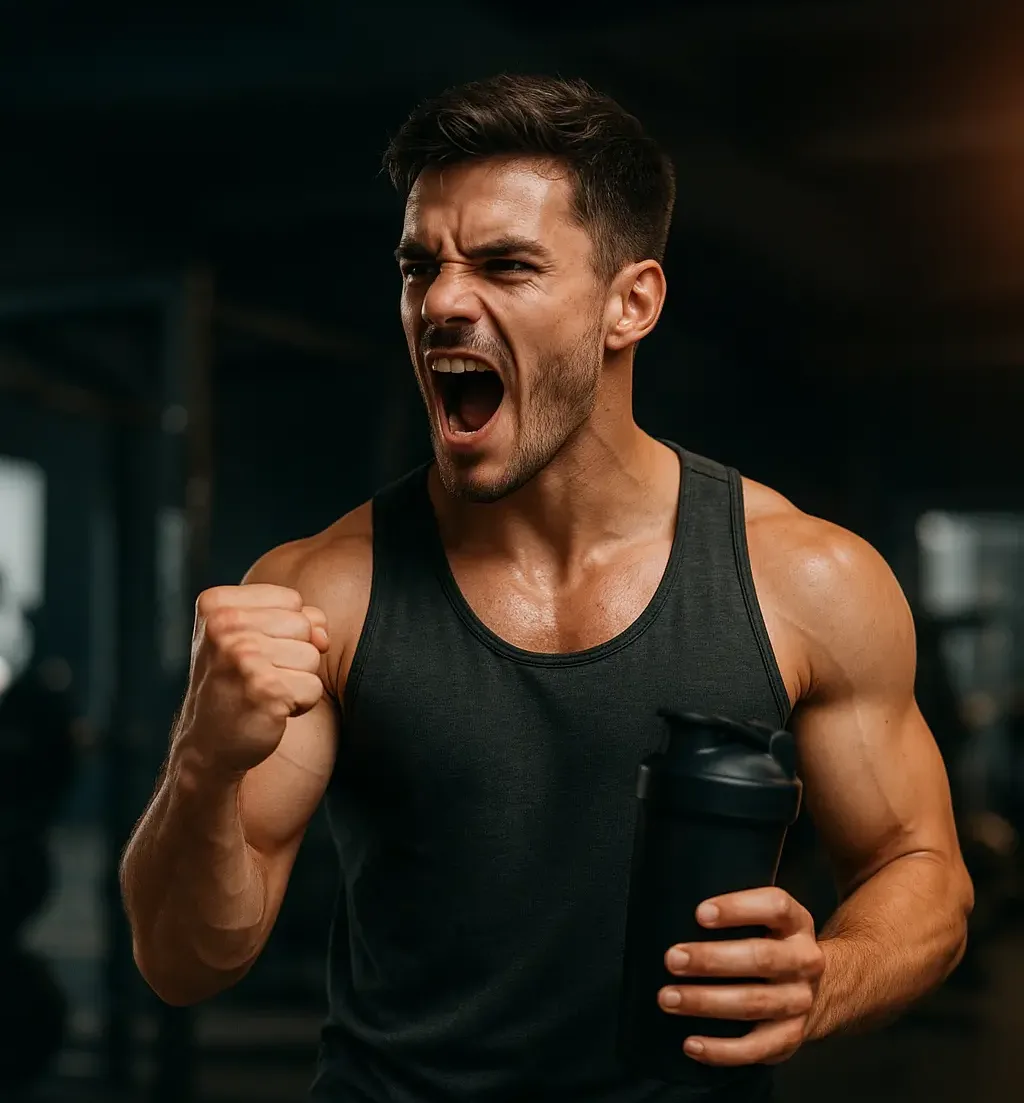 Trænet mand holder en knyttet næve efter at have drukket pre-workout og er energisk