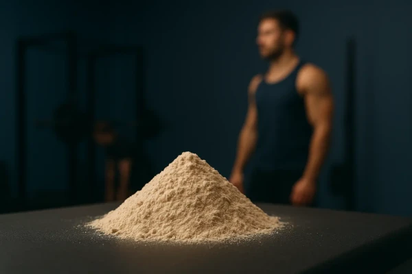 Bedste proteinpulver på bordet med en fitness model i baggrunden