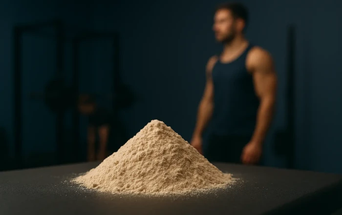 Bedste proteinpulver på bordet med en fitness model i baggrunden