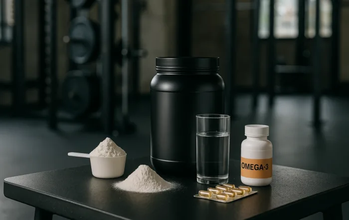 Bedste kosttilskud til mænd. på bordet i fitnesscenteret kan du se proteinpulver, vitaminer, mineraler, kreatin og omega-3 samt et glas vand.