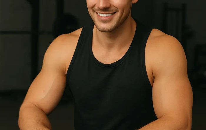 En trænet fitness influencer er glad imens han kigger ned på kosttilskud.