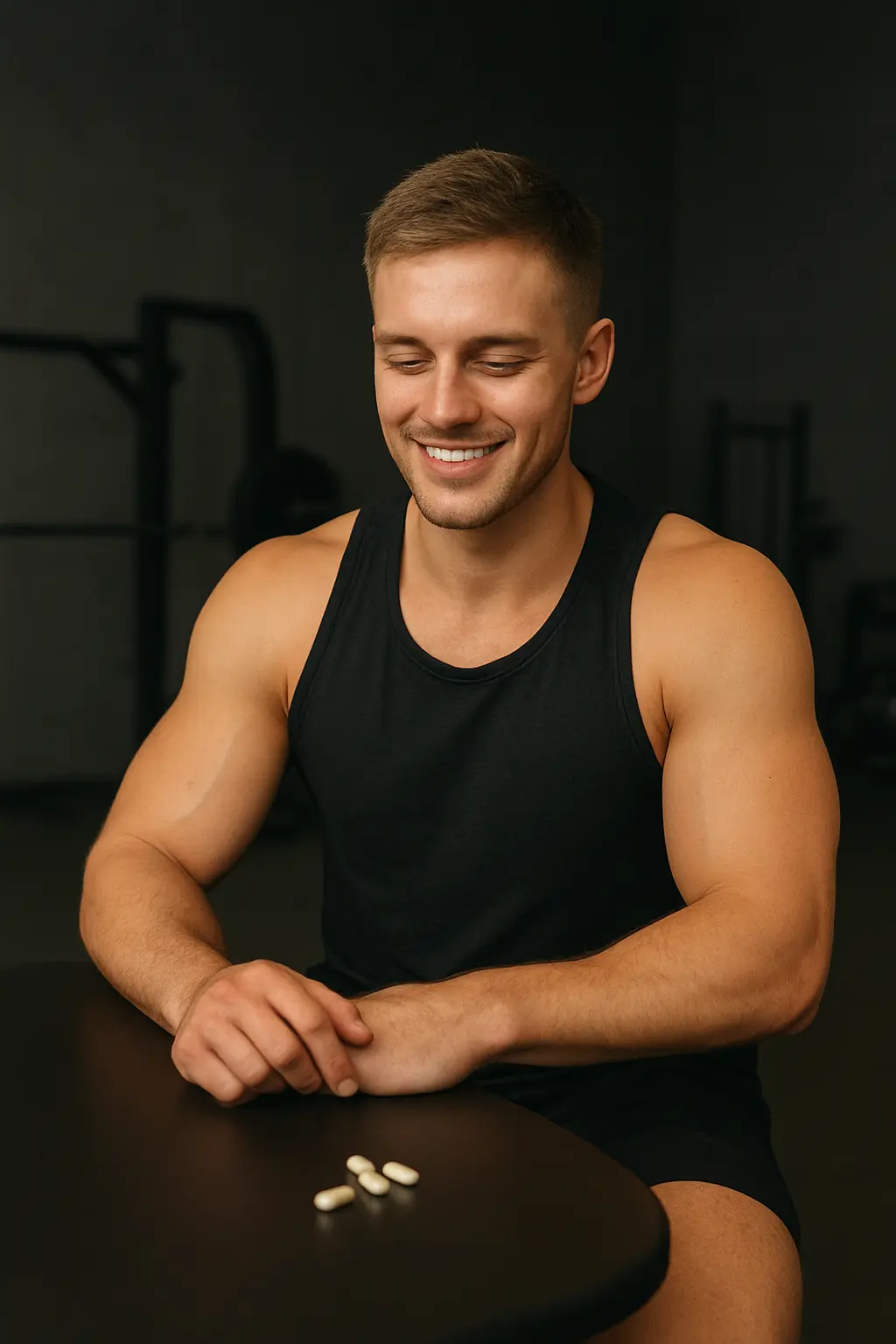 En trænet fitness influencer er glad imens han kigger ned på kosttilskud.