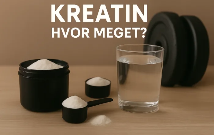 Kreatin hvor meget- Kreatin pulver og vægtskiver på træningsbord – optimal dosering af kreatin 3–5 gram dagligt, fitness kosttilskud for muskelopbygning hos mænd