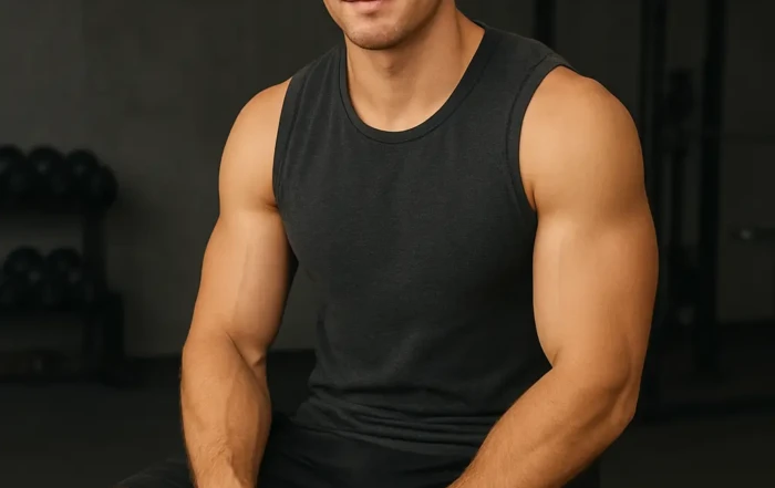 Trænet fitness model restituere så hans muskler kan gro. han sidder i short træningstøj