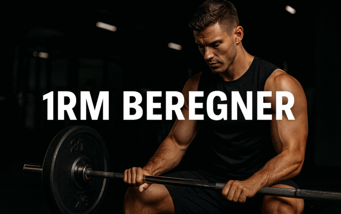 Mand træner med barbell i fitnesscenter under mørk belysning – illustrerer test af maksimal styrke til 1RM beregning.