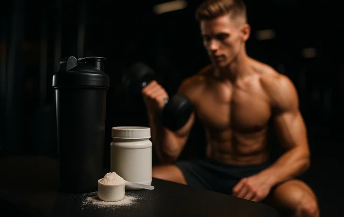 kreatin vs pre-workout ligger fremlagt på et bord, men en trænet fitness model/influencer i baggrunden der træner biceps